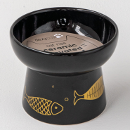 Dexypaws Cat Elevated Ceramic Bowl Black & Gold Fish